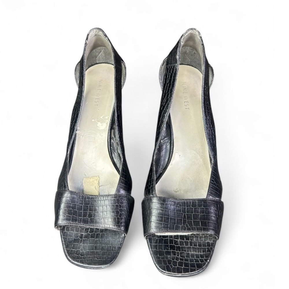 NINE WEST Black Crocodile Slingback Open Toe Kitten Heel Women's Shoes US 9